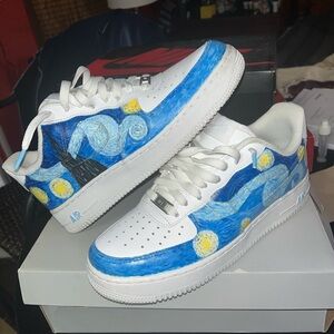 Nike Custom Blue and White Vincent van Gogh AF1 Sneakers